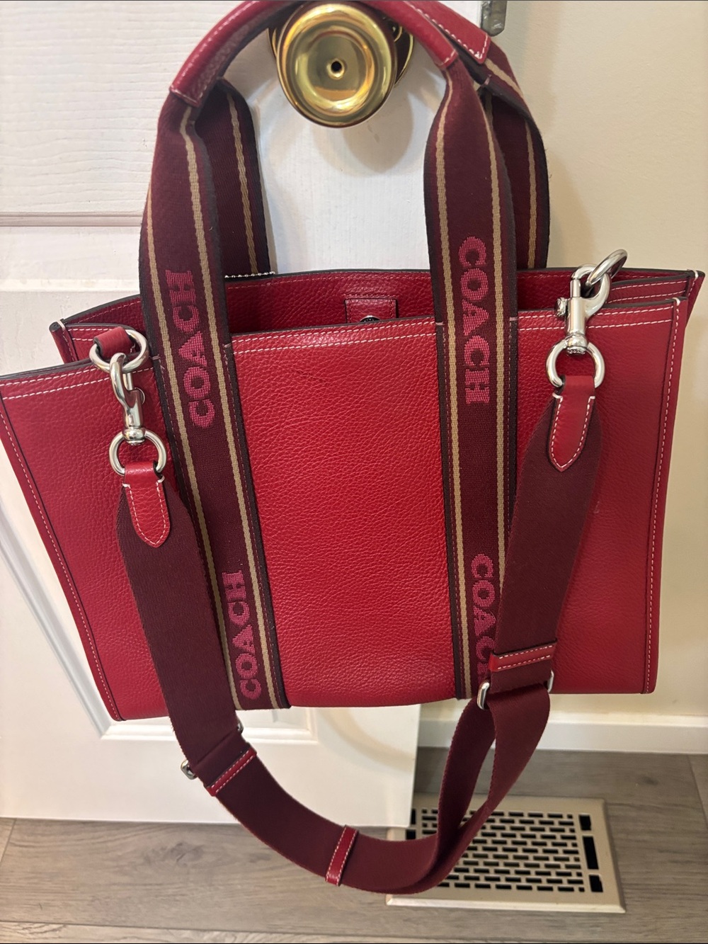 Coach Red Pebbled Leather Tote with Branded Strap - Picture 2 of 8